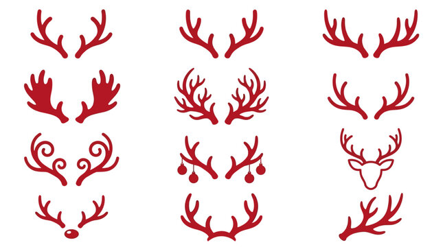 Red reindeer antler silhouettes and holiday icons set