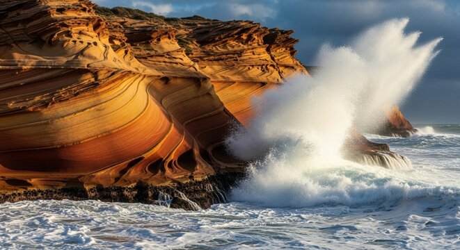 Wave crashing against rock formation