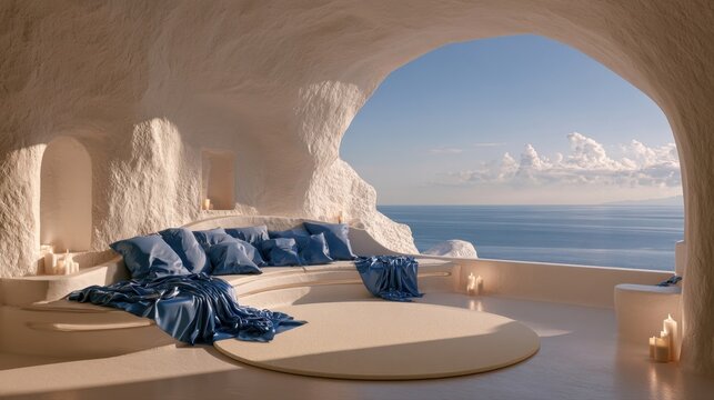 Luxury Mediterranean Cave Suite Interior Opening to Breathtaking Sea View Horizon Blue Silk Drapery White Plaster Walls Warm Candlelight Soft Sunset Glow Calm Tranquil Resort Haven Villa Architecture