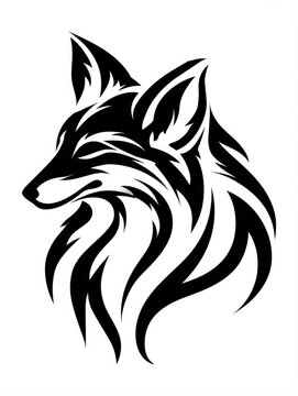 Minimalist Tribal Fox Head Logo Graphic Silhouette Black and White Abstract Animal Mascot Tattoo Symbol  Illustration Clean Line Art Design Isolated on Pure White Background for Branding