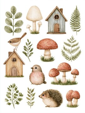 Charming Watercolor Clipart Set featuring Forest Mushrooms Woodland Birds Cute Hedgehog Tiny Wooden Cabins Green Fern Leaves Botanical Foliage Elements isolated on Clean White Background Design