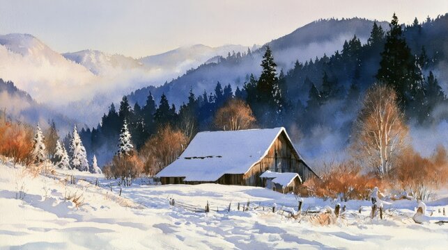 Scenic Winter Landscape Watercolor Painting of Rustic Snow Covered Wooden Cabin Barn in Snowy Mountain Valley Pine Forest Misty Distant Peaks Soft Cold Blue Light Calm Peaceful Rural Wilderness