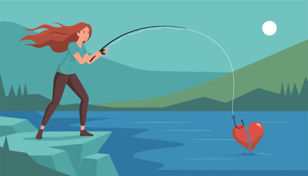 Determined woman standing on a cliff and fishing a broken red heart out of the blue water to represent healing after a breakup.
