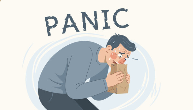 Stressed and anxious man breathing into a brown paper bag to calm down during a panic attack vector illustration.