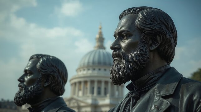 Karl Marx statue close up with St Paul's Cathedral dome in London, representing history and iconic landmarks