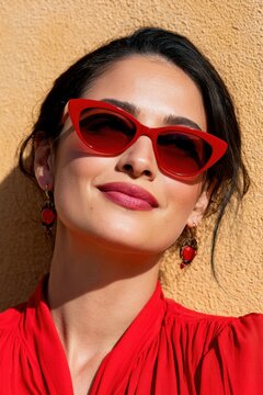 Mediterranean woman in red cat-eye sunglasses and vibrant blouse poses against a warm textured wall, showcasing statement earrings and natural makeup in bright summer sunlight
