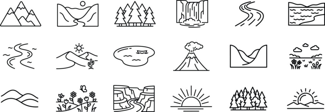 Landscape Nature Outline Icons for Apps, Websites, Travel, Tourism, Environment and Outdoor Projects