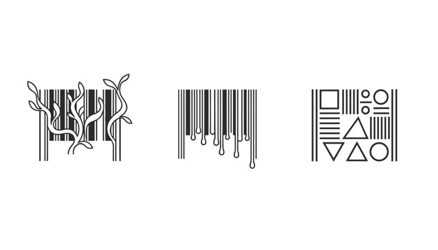 Set of three creative barcode designs featuring natural plants, dripping liquid, and abstract geometric shapes.