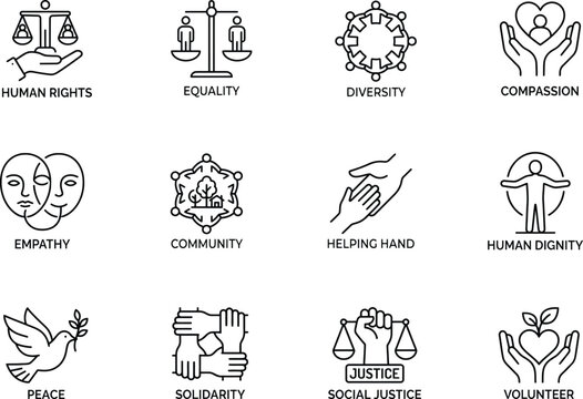Humanity and Social Values Outline Icons for Apps, Websites, Education, Charity and Community Projects