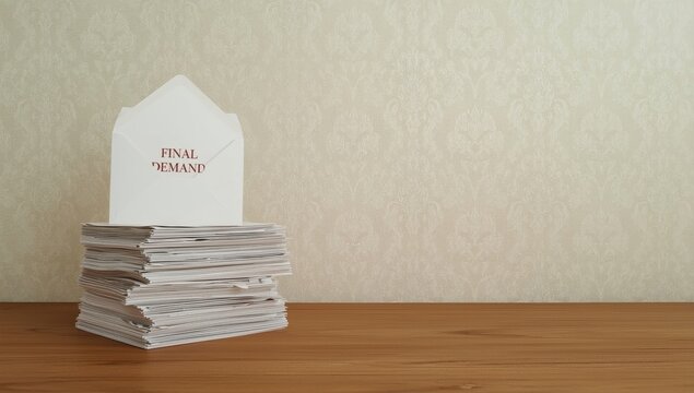 Final demand letter on large stack of unpaid bills and overdue correspondence causing financial stress