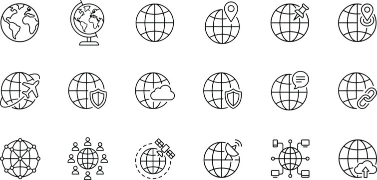 Globe and Global Communication Outline Icons for Apps, Websites, Travel, Technology and Business Design