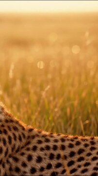 Cheetah fur texture close up resting in golden savanna grass during cinematic wildlife motion.