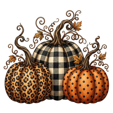 Three decorative Halloween pumpkins with leopard, buffalo plaid, and polka dot patterns.