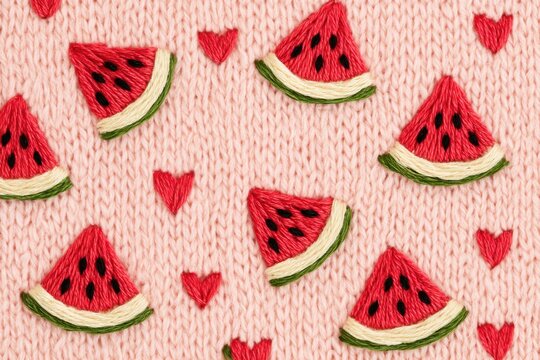 Playful embroidered textile pattern featuring watermelon slices and small red hearts on soft blush-pink knitted fabric with visible hand-stitched details and thread direction