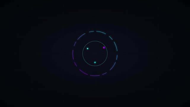 Abstract neon circle interface hud loading animation with pulsing geometric lines and glowing digital data points on dark 4k background