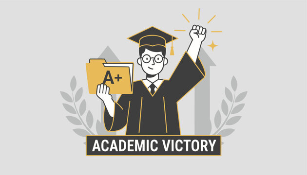 Graduated student celebrating academic victory holding file with a-plus grade and raising fist in excitement.