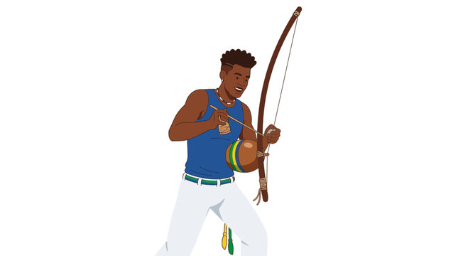 Illustration of a young man playing the berimbau musical instrument