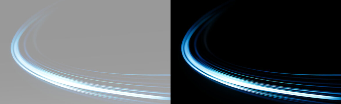 Blue glowing wave with layered curved lines and a dynamic motion trail, bright cyan light streaks sweeping through the wide smooth curved path