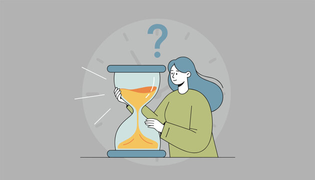 Thoughtful young woman holding a large hourglass with a question mark in the background representing time management.