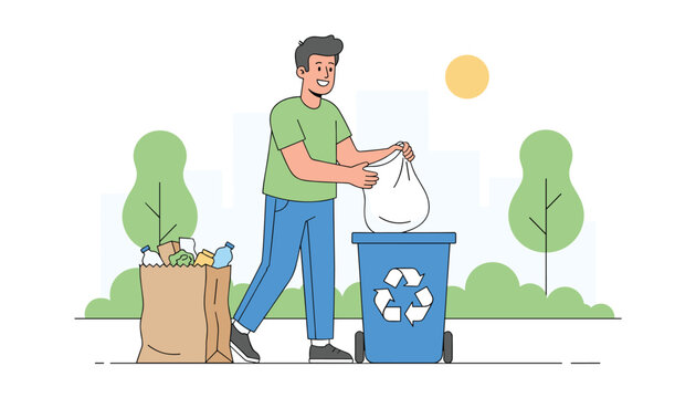 Environmentally conscious young man sorting household waste and placing a garbage bag into a blue recycling bin.