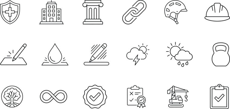 Durability and Quality Control Outline Icons for Apps, Websites, Construction, Engineering and Industrial Design