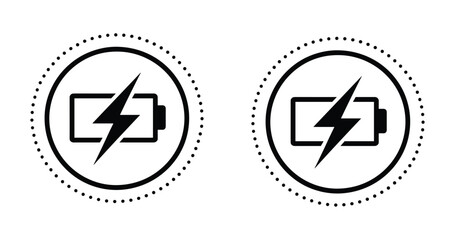 Battery Charging Icon Duo: A minimalist graphic design featuring two identical icons depicting a battery with a lightning bolt symbolizing power and energy, suggesting charging or electricity. © Itz Buddha 