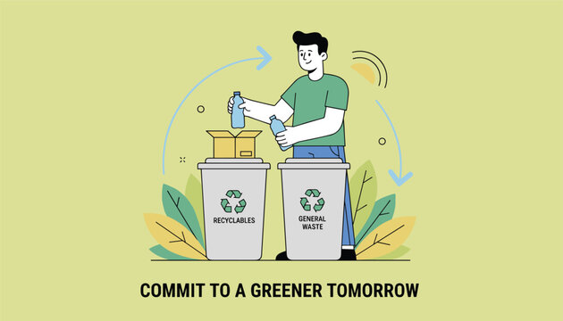 Young eco friendly man sorting plastic bottles into recycling and general waste bins for a greener future tomorrow.