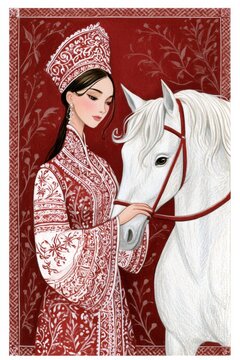 Young woman in ornate red-and-white embroidered dress and decorative headdress stands beside a calm white horse against a rich red folk-art background illustration