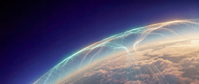 Glowing energy network trails covering Earth's atmosphere viewed from space above a dense cloud layer.