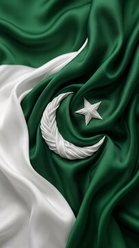 Pakistan flag featuring a textured white crescent moon and star on green silk