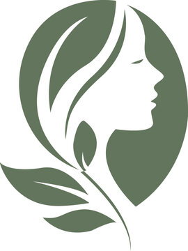 Minimalist Green Woman Profile and Leaf Botanical Logo Design