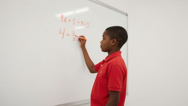 Young Black schoolboy solving math equation on whiteboard, learning and developing academic skills