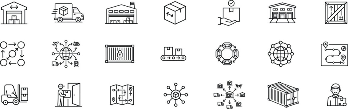 Distribution and Logistics Outline Icons for Apps, Websites, E Commerce, Branding and Supply Chain Design