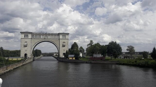 UGLICH, RUSSIA &ndash; JULY 19, 2026. A boat passes through the navigation lock at the Uglich Hydroelectric Power Station on the Volga River.