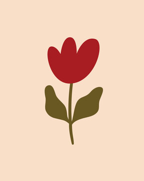 Minimal flat illustration of a stylized red tulip with olive green leaves and stem on a soft beige background, representing spring, growth, nature, simplicity, and modern botanical design.