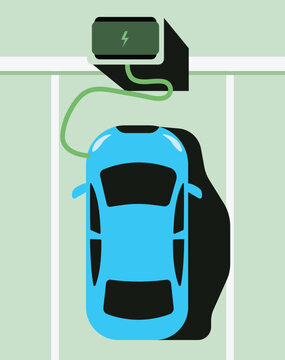 Flat vector illustration of a blue electric car parked at a charging station with a connected power cable, symbolizing electric mobility, EV infrastructure, sustainable transportation, clean energy, a