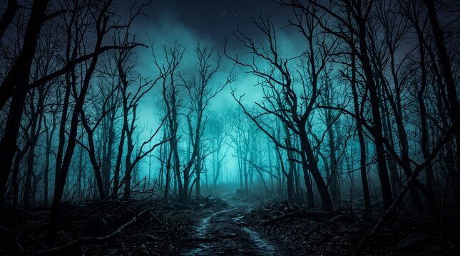dark misty forest panorama fantasy halloween landscape
