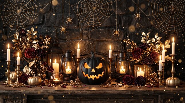 Elegant halloween background with black gold pumpkin lanterns and gothic decor for premium celebrations