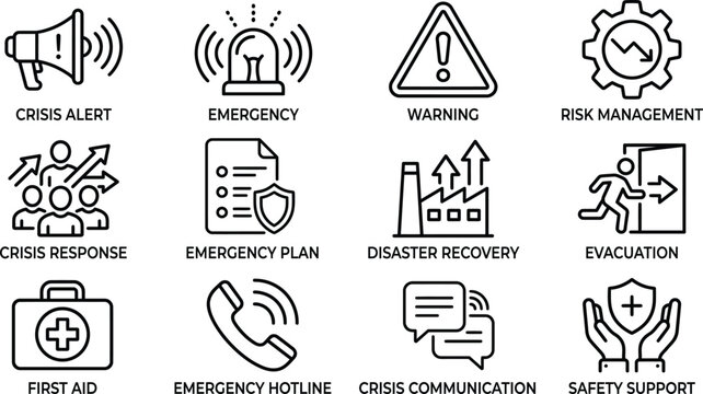 Crisis Management Outline Icons for Apps, Websites, Presentations, Safety Training and Emergency Planning