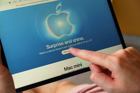 Rijeka, Croatia - August 26, 2026: A person uses a tablet to add an upcoming Apple presentation to their calendar. The screen shows an Apple event announcement for September 9, 2026