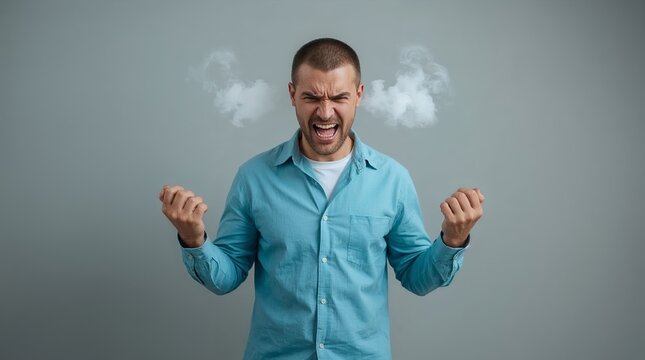 Man yelling in frustration with steam from ears, showing stress, anger, and feeling overwhelmed