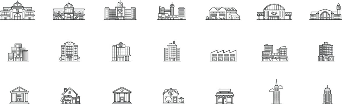 Commercial Architecture Outline Icons for Apps, Websites, Real Estate, Branding and Business Design