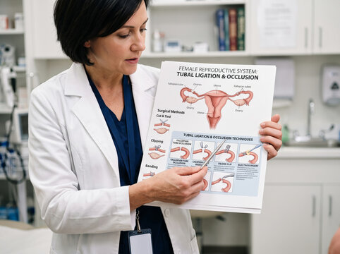 Doctor in White Coat Presenting Female Sterilization Anatomical Chart