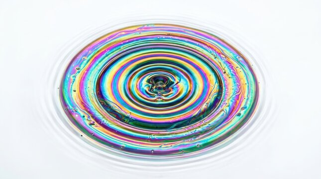 Abstract rainbow iridescent circular interference pattern on white background with iridescent circles optical effect color spectrum abstract design circular rings light reflection physics experi