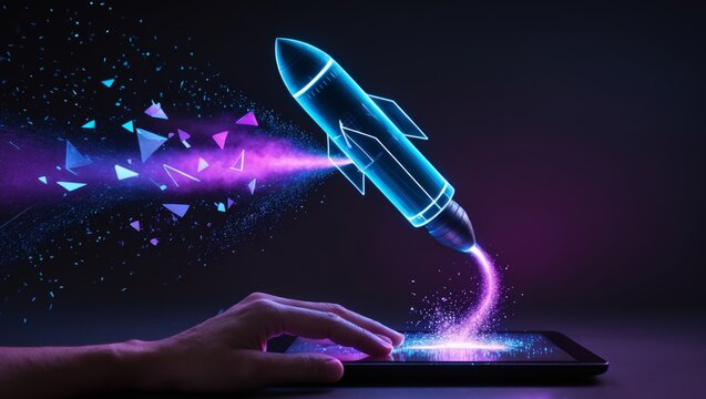 Hand launching glowing rocket from digital tablet, initiating startup concept and business success