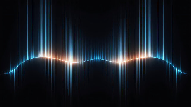 Abstract digital background, with vertical blue, light bars and, a glowing horizontal, wave pattern.