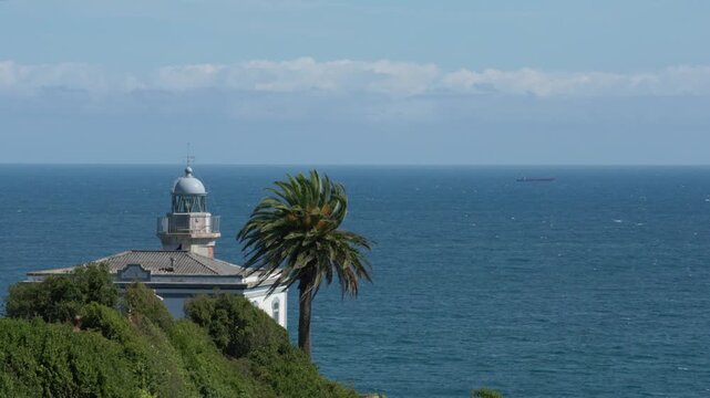 Lighthouse dome and palm tree standing on green cliffside above Atlantic Ocean in Candas, Asturias, Spain