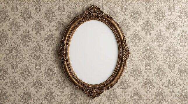Ornate oval gold frame with intricate baroque details hanging on vintage damask wallpaper, copy space