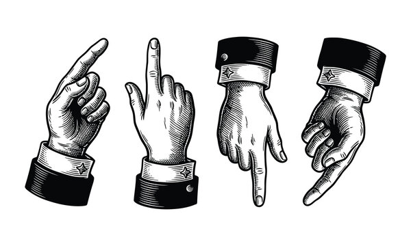 Vintage engraving style hand gestures pointing