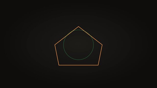 Minimalist geometric animation: shrinking green circle inside orange pentagon shape on 4k black background